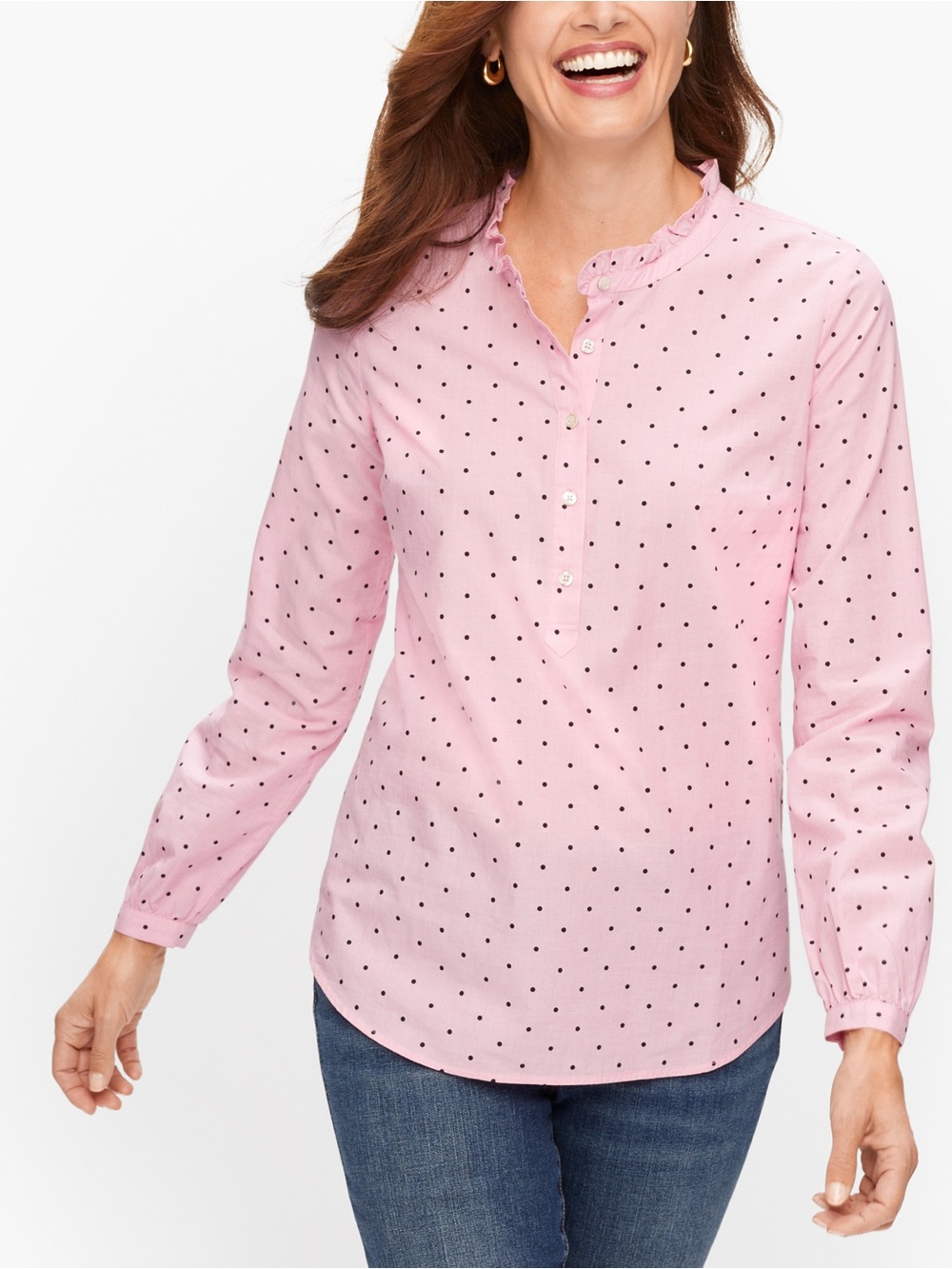 Talbots Pink Polka Dot Button-Front Blouse office casual staple chic preppy